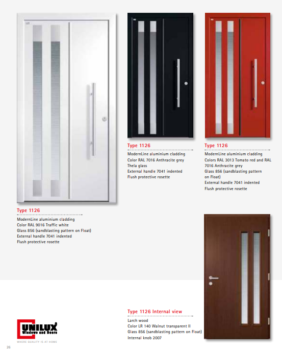 Type 1126 ModernLine – Sandblasting Pattern ModernLine Aluminium Clad Door, Float & Thela Glass Variants, Secure Indented Handle, Walnut Interior Finish, Energy Efficient Entry Solution
